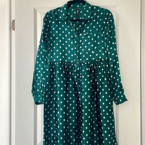 Long sleeve silk green polka dot dress